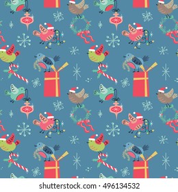 Retro holiday seamless pattern with cute birds in mid century modern style