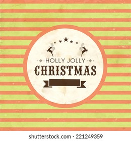 Retro Holly Jolly Christmas celebrations sticker, tag or label design on linen decorated background. 