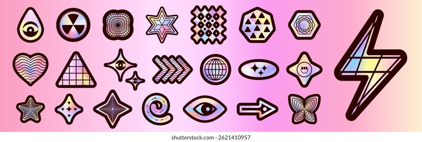 Retro hologram stickers set isolated on background. Vector realistic illustration of round, square, triangle, star, lightning shape silver gradient labels with icons, y2k quality guarantee stamps