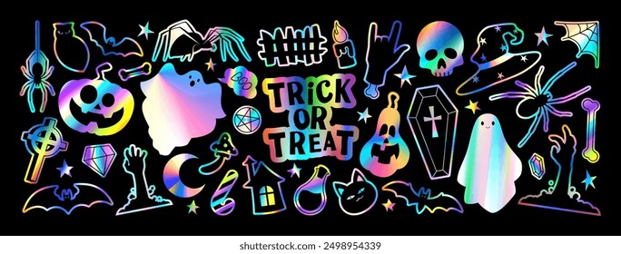 Retro holographic stickers for Halloween. Vector illustration with iridescent foil adhesive film with Halloween symbols in y2k style for decoration banner, poster, social media, web. Retro stickers.