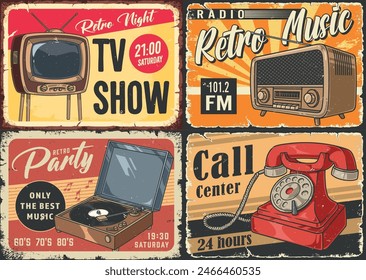 Retro home appliances colorful set stickers with tv and radio near vinyl record player and phone vector illustration