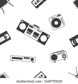 Retro home electronics set seamless pattern, black and white flat objects of old style 80s and 90s in a flat style tape, cassette recorder, VCR, videotapes, radio, turntable, analog TV