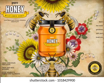 Retro honey ads, glass jar in 3d illustration with honey bees and elegant flowers around it, etching shading style background