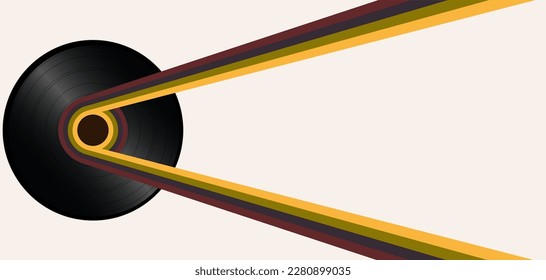 Retro horizontal background with color lines and vinyl music record. Abstract background in trendy 1970s style. Vector