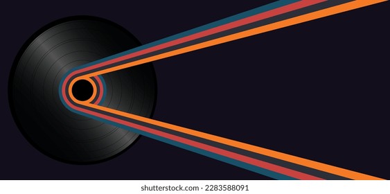 Retro horizontal background with color lines and vinyl music record. Abstract background in trendy 1970s style. Vector
