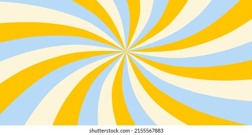 Retro horizontal background with sunburst in a spiral or swirled radial striped design. Blue, yellow and beige colors. Trendy vector illustration in style 70s, 80s