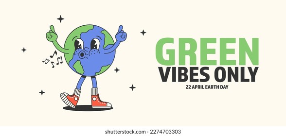 Retro horizontal banner with cartoon character of earth. World Earth day. Vintage motivation poster template with cute Earth planet character mascot.Green vibes only.vector illustration