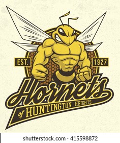 Retro "Hornets" athletic design complete with hornet or bee mascot vector illustration, vintage athletic fonts and matching textures (all on separate layers, of course).