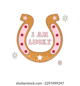 Retro horseshoe with lettering. I am lucky quotes. Cowboy western theme. Hand drawn vector design for postcard, t-shirt, sticker etc.