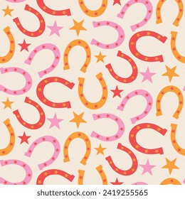 Retro horseshoe seamless pattern in orange, red and pink with stars. For wallpaper, fabric and textile 