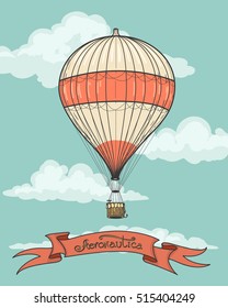 Retro hot air balloon airship artistic background with vintage aeronautics ribbon. Vector illustration