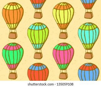 Retro hot air balloon background, vector seamless pattern in color