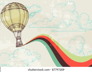 Retro hot air balloon sky background old paper texture  Vintage texture grouped   easy removable