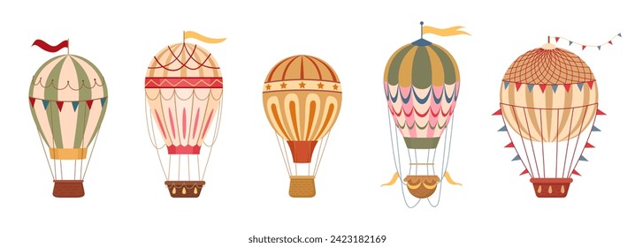 Retro hot air balloons. Cartoon flying hot air balloons decorated with flags and garlands flat vector illustration set. Vintage air transport collection