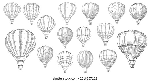 Retro hot air balloons sketches. Vintage lighter than air aircraft, balloon with inflated hot propane gas or helium envelope bag and wicker basket or gondola hand drawn sketch vector set