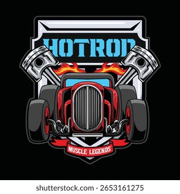 Carro quente retro com pistões de chamas e banner Muscle Legends em uma ilustração estilo vintage e ousada
