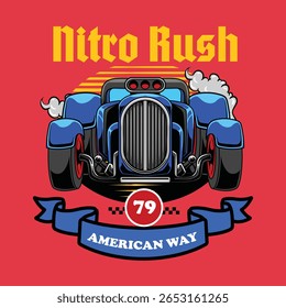 Ilustração de carro quente retro com texto Nitro Rush em negrito, vista frontal clássica, efeitos de fumaça e banner vintage, perfeito para temas de corrida