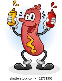 Retro Hot Dog Cartoon Character Squirting Mustard and Ketchup