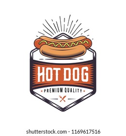 Retro Hot Dog joint. Vintage fast food illustration. Logo wiener  design. 