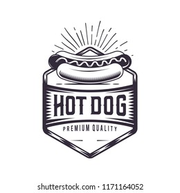 Retro Hot Dog joint. Vintage fast food illustration. Logo wiener  design. 