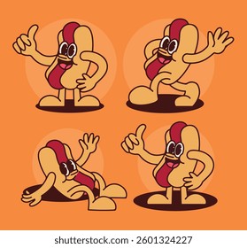 Retro Hot Dog Mascot for Cafe Restaurant Branding with Cartoon Hand-Drawn Character in Vintage Style