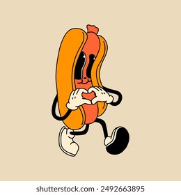 Retro Hot Dog mascot character. 40s, 50s, 60s old animation style. Oktoberfest mascot