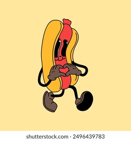 Retro Hot Dog mascot character. 40s, 50s, 60s old animation style. Oktoberfest mascot