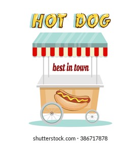 Retro hot dog shop, cart with striped awning, text, isolated on white background