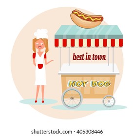 Retro Hot Dog Shop, Cart With Striped Awning, Smiling Woman, Text, Isolated On White Background