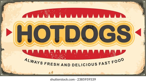 Retro hot dog sign for fast food restaurant. Vintage diner advertising sign post. Vector illustration.