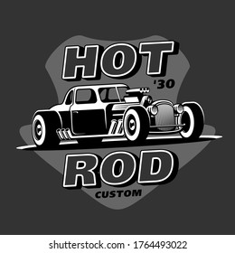Retro Hot Rod Custom emblem logo. Roadster car isolated on gray background vector illustration