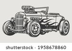 Retro hot rod with flame decal in vintage monochrome style isolated vector illustration