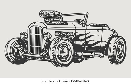 Retro hot rod with flame decal in vintage monochrome style isolated vector illustration