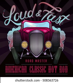 Retro hot rod illustration. Old school car in vector. T-shirt Graphics, Vintage typography.
