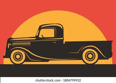 Retro Hot Rod pick-up poster, vector illustration