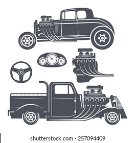Retro Hot Rod set, vector illustration