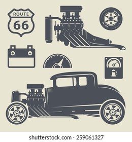 Retro Hot Rod set, vector illustration