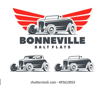 Retro Hot Rod with stylized wings logo. Bonneville salt flats racing emblem. Roadster and coupe isolated on white background.
