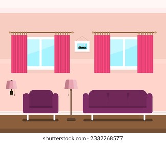 Retro-Hotelzimmer mit zwei Fenstern und rosafarbener Wand - Vektorgrafik