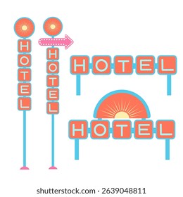 Retro hotel signs vector illustration set. Vintage neon signage with arrow, sun symbol and bold letters isolated on white background. Mid-century style direction signboard for vacation, travel design