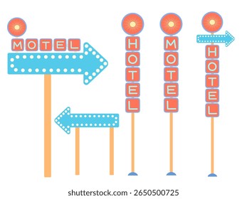 Conjunto de ilustração vetorial de sinais de hotel retrô. Sinal de direção de estrada de neon antigo com seta e letras em negrito isolado no fundo branco. Placas de sinalização estilo moderno de meados do século para design de férias