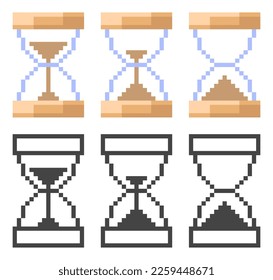 Retro hourglass icon. Vector illustration in pixel style.