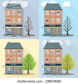 Retro house with book shop on first floor in four seasons. Winter, spring, summer and autumn view. Flat style vector illustration.