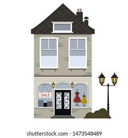 Retro house. Flat vector with low-rise house, commercial building in retro architecture styles, with city lights. Vector stock illustration, EPS10