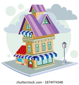 retro house with a folet roof and with a lantern standing next to it on the street, isolated object on white background, vector illustration, eps
