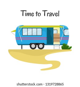 Retro house on wheels for traveling. Car travel. Vector flat illustration. Motorhome. Time to travel.