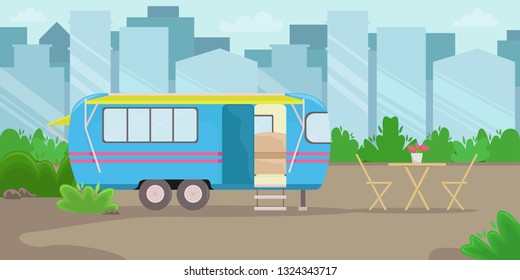 Retro house on wheels for traveling. Car travel. Vector flat illustration. Motorhome in the big city.