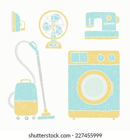 Retro household appliances: washing machine, fan, vacuum cleaner, iron, sewing machine