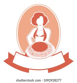 Retro housewife cook wearing apron carrying a spaghetti plate and blank label for your text