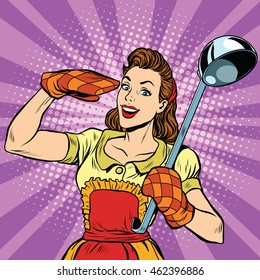 Retro Housewife In Kitchen, Pop Art  Vector Illustration. Cooking And Food